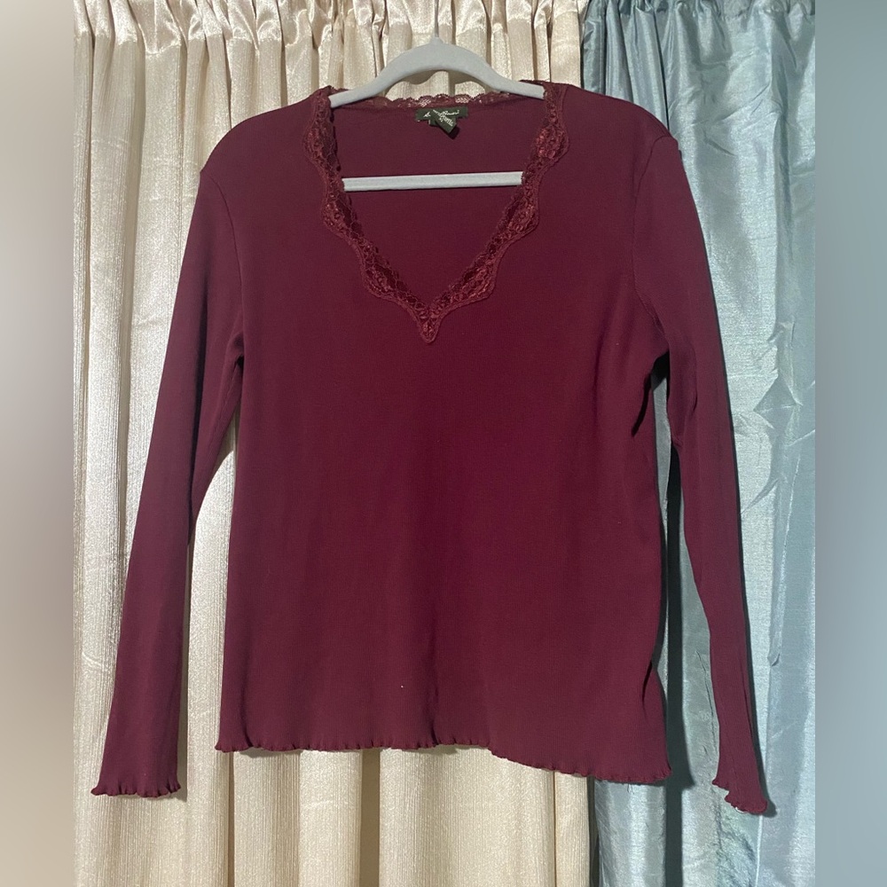 Women's Burgundy Lace Trim Top
